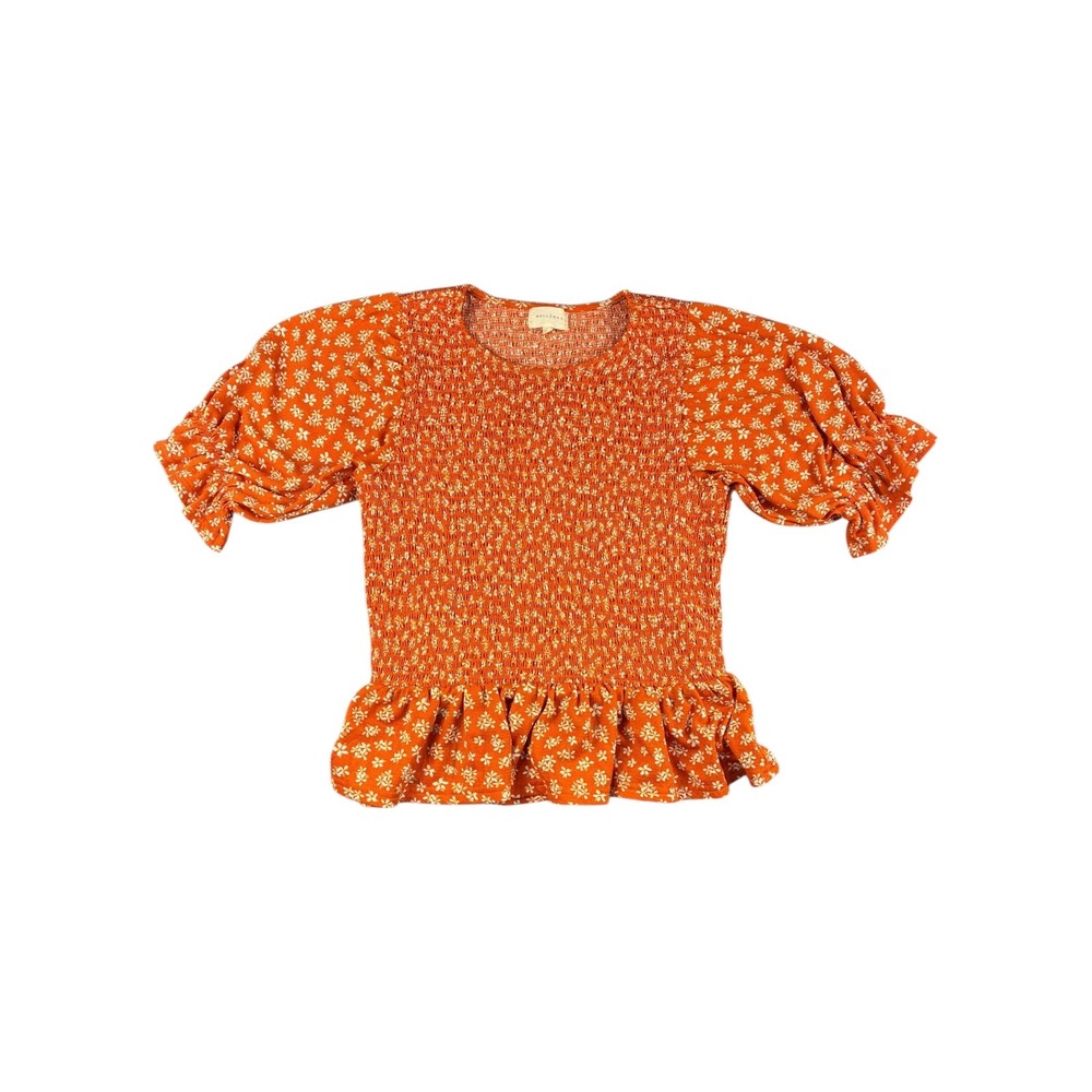 Melloday Orange Floral Smocked Peplum Top Puff Sleeve‎ Ruffle Size S